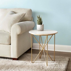 lot 24469 image: Home Decorators Collection - Round Accent Table With Gold Finish Wire Base And Natural Marble Top, GoldMarble - Retail $149.00