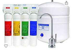 lot 7982 image: Watts Premier WP531407 RO Pure Reverse Osmosis Water Filtration System with Top-Mount, Air-Gap Faucet, Brushed Nickel