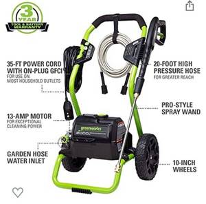 lot 7996 image: Greenworks 2000 Max PSI  1.1 GPM (13 Amp) Electric Pressure Washer GPW2000-1RG