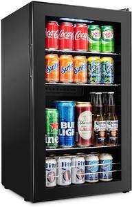 lot 8011 image: Ivation 126 Can Beverage Refrigerator  Freestanding Ultra Cool Mini Drink Fridge  Beer, Cocktails, Soda, Juice Cooler for Home & Office  Reversible Glass Door & Adjustable Shelving - Black