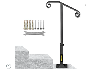 lot 8038 image: VEVOR Handrails for Outdoor Steps, Fit 1 or 2 Steps Outdoor Stair Railing, Single Post Wrought Iron Handrail, Gray Transitional Porch Railings for Concrete Steps or Wooden Stairs with Base
