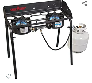 lot 8043 image: Camp Chef Explorer, Two Burner Stove, Two 30,000 BTUs cast-aluminum burners, Cooking Dimensions 14 in. x 32 in