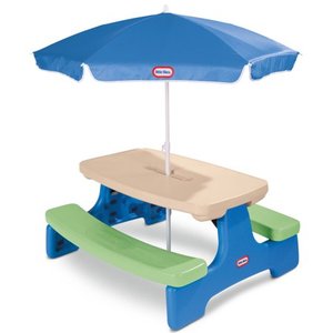 lot 8049 image: Little Tikes - Easy Store Picnic Table with Umbrella - BlueGreen