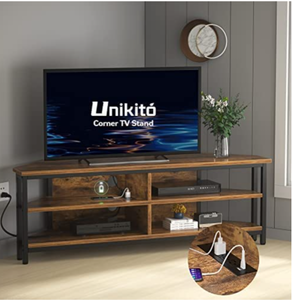 lot 8060 image: Unikito 55 inch Corner TV Stand with Power Outlet, Corner Entertainment Center TV Media Console Table with 4 Open Storage Shelve For Living Room, Bedroom, Industrial 60 Corner TV Stand, Rustic Brown