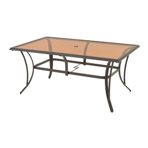 lot 24452 image: Hampton Bay - Riverbrook Espresso Brown Rectangular Glass Top Aluminum Outdoor Patio Dining Table - Retail $479.00