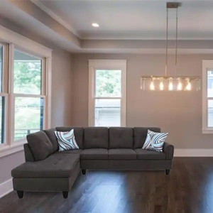 lot 24527 image: Star Home Living - 103 in. W Slope Arm 2-Piece Linen L Shaped Sectional Sofa in Brown - Retail $808.00