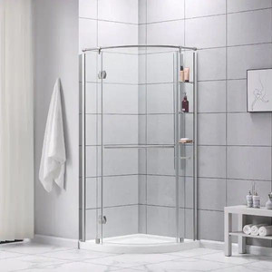 lot 24530 image: Glacier Bay - Glamour (34 in. x 73.90 in.) Semi-Frameless Corner Hinged Shower Door in Satin Nickel - Retail $739.00