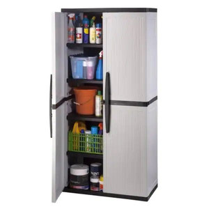 lot 24531 image: HDX Plastic - Freestanding Garage Cabinet in Gray (35 in. W x 71 in. H x 18 in. D) - Retail $169.00