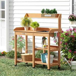 lot 24594 image: Outdoor Garden Wood Potting Bench  Potting Work Table with Removable Sink, Drawer, Hooks and Open Shelves - Retail $169.99