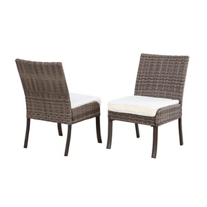 lot 24603 image: Hampton Bay - Windsor Brown Wicker Outdoor Patio Stationary Armless Dining Chair with Bare Cushion (Set of 2) - Retail $249.00