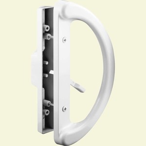 lot 24646 image: Sliding Patio Door Handle Set - White Diecast, Mortise Style, Non-Keyed (Fits 3-1516in. Hole Spacing) - Retail $48.38