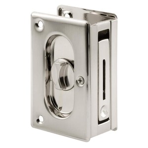 lot 24654 image: Prime-Line Products ( 3 34 in.) Solid Brass with Satin Nickel Finish, Pocket Door Privacy Lock and Pull - Retail $19.29