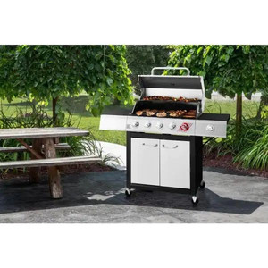 lot 24617 image: Dyna-Glo - 5-Burner Natural Gas Grill in Stainless Steel with TriVantage Multi-Functional Cooking System, Silver - Retail $379.99
