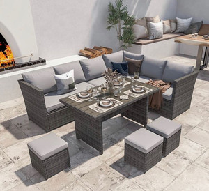 lot 12032 image: 7 Pieces Patio Furniture Set,Outdoor Sectional Sofa Couch with Dining Table,All Weather Wicker Rattan Patio Conversation Set with Cushion for Outside,Deck,Garden,Backyard(Grey)