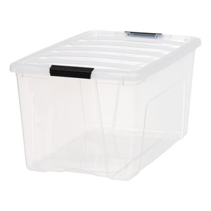 lot 22892 image: IRIS USA 70 Quart Stack & Pull Clear Nesting Black Latching Storage Container 3 Pack