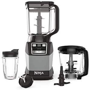 lot 22897 image: Ninja AMZ493BRN Compact Kitchen System, 1200W, 3 Functions for Smoothies, Dough & Frozen Drinks with Auto-IQ, 72-oz. Blender Pitcher, 40-oz. Processor Bowl & 18-oz. Single-Serve Cup, Grey
