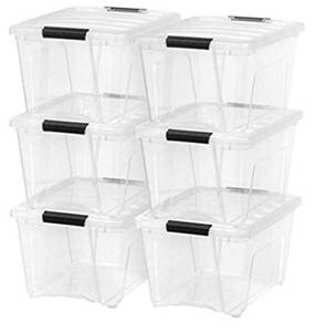 lot 42172 image: IRIS USA 32 Qt. Plastic Storage Bin Tote Organizing Container with Durable Lid and Secure Latching Buckles, Stackable and Nestable, 6 Pack, clear with Black Buckle