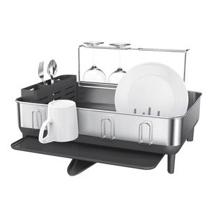 lot 42177 image: simplehuman - Kitchen Dish Drying Rack With Swivel Spout, Fingerprint-Proof Stainless Steel Frame, Grey Plastic - Grey