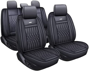 lot 62574 image: LUCKYMAN CLUB 5 Car Seat Covers Full Set with Waterproof Faux Leather Universal fit for RAV4 Accord Altima Tacoma Rogue CX5 CRV (Black Full Set)