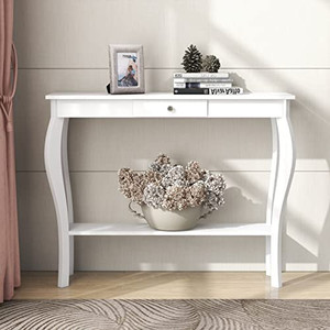 lot 62579 image: ChooChoo Narrow Console Table with Drawer, Chic Accent Sofa Table, Entryway Table, White  (Must be assembled)
