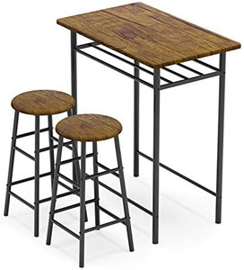 lot 62583 image: Weehom 3 Pieces Bar Table Set, Modern Pub Table and Chairs Dining Set, Kitchen Counter Height Dining Table Set with 2 Bar Stools, Built in Storage Layer, Easy Assemble, Brown   (Retails $120.00)