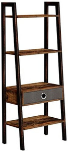 lot 62588 image: Rolanstar Ladder Shelf with Drawer, Wood Ladder Bookshelf, 4-Tier Leaning Utility Organizer Shelves, Rustic Hand Painted Metal Frame, 54.5 x 21.1 x 13.5 Shelf for Living Room, Office Room, Rustic Brown  (Retails $54)