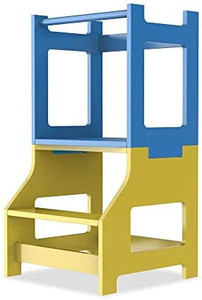 lot 62594 image: MOAMUN Step Stool for Kids, Toddler Step Stool for Kitchen, Toddler Learning Helper Tower with Handle (Blue & Yellow)