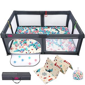 lot 62609 image: EIH Baby Playpen, Extra Large Playpen for Toddlers with Crawling Mat & 50PCS Ocean Balls, Portable Playpen for Babies, Indoor & Outdoor Kids Activity Play Yard with Gate, 79in x 59in (Dark Grey)
