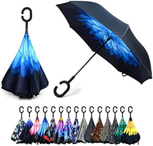 lot 62641 image: Double Layer Inverted Umbrellas - C Shaped Handle Reverse Folding Windproof Umbrella for Men and Women  (Stock photo is different from actual product)
