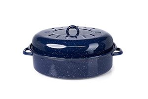 lot 63523 image: 18 Traditional Vintage Style Blue Speckled Enamel on Steel Covered Oval Roaster - lid is stuck  (SOLD AS IS)