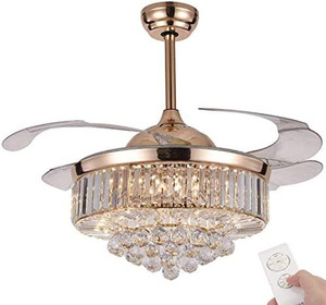 lot 63528 image: NUTCRUST Retractable Crystal Ceiling Fan, 3 Light Change LED Silent Fan Chandelier with Remote Control, 42 Inch 36W Modern Invisible Ceiling Fan with Light (Rose Gold) (Renewed) - (Retails $207)  (Possibly missing pieces--SOLD AS IS)