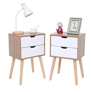 lot 64511 image: VIPACE Nightstand, End Side Table, Bedside Table with 2 Drawer and Solid Wood Legs, Mid-Century Modern Storage Cabinet for Bedroom Living Room Furniture - Set of 2 (White & Natural)