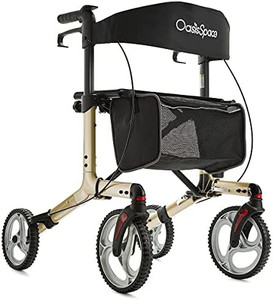 lot 65405 image: OasisSpace Aluminum Rollator Walker, with 10 Wheels and Seat Compact Folding Design Lightweight Baking Complimentary Carry Bag, Champagne   (Retails $169)
