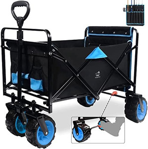 lot 65407 image: Collapsible Heavy Duty Beach Wagon Cart Outdoor Folding Utility Camping Garden Beach Cart with Universal Wheels Adjustable Handle Shopping, Black and Blue  (May not be exact stock photo)  (Retails $189)