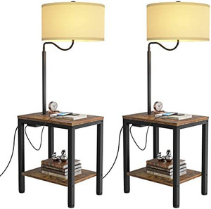 lot 65416 image: LityMax Floor Lamp with Table - Rustic End Table, Bedside Nightstand Shelf, Side Table with Reading Standing Lights for Living Room, Bedroom, 2 Pack  (Retails $169)
