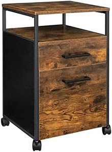 lot 65422 image: Bennio Brenny Rolling File Cabinet, 2-Drawer Mobile Filing Cabinet, Wood Office Cabinet on Wheels, Open Shelf, for A4, Letter Size, Hanging File Folders, Industrial Style