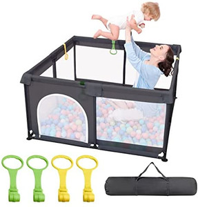 lot 65423 image: Baby Playpen 51-Inch Large Playyard for Toddler - Reliable Kids Activity Center for Infant, Sturdy Safety Playpen with Thickened Pipes Anti-Slip SuckersSoft Breathable Mesh (Black)