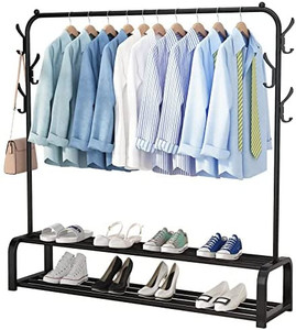 lot 65430 image: UDEAR Garment Rack Free-Standing Clothes Rack with Top Rod, Lower Storage and 6 Hooks, Black