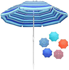 lot 65432 image: Juserox 6.5 FT Beach Umbrella UV 50 Portable Outdoor Sunshade with Carry Bag and Sand Anchor & Tilt Mechanism, for Patio Outdoor Garden Beach, Red White Stripe   (Stock photo not exact)