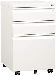 lot 65446 image: DEVAISE 3 Drawer Mobile File Cabinet with Lock, Under Desk Metal Filing Cabinet for LegalLetterA4 File, Fully Assembled Except Wheels, White   (Appears New) (Retails $175)