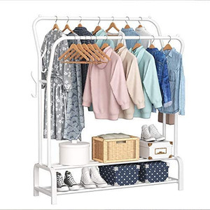 lot 65452 image: Garment Rack Drying Rack Freestanding Hanger Double Rails Bedroom Clothing Rack with 2-Tier Lower Storage Shelf, White