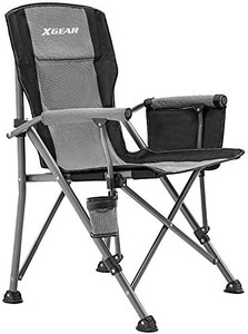 lot 65466 image: XGEAR Camping Chair with Padded Hard Armrest, Sturdy Folding Camp Chair with Cup Holder, Storage Pockets Carry Bag Included, Support to 400 lbs (Grey)