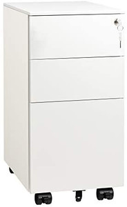 lot 65469 image: DEVAISE Slim File Cabinet with Lock, 3 Drawer Mobile Filing Cabinet for LegalLetterA4 Size, Fully Assembled Except Wheels, White   (Appears New)
