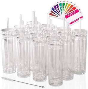 lot 65993 image: SKINNY TUMBLERS 12 Clear Acrylic Tumblers with Lids and Straws  Skinny, 16oz Double Wall Clear Plastic Tumblers Reusable Cup With Straw (Clear, 12)