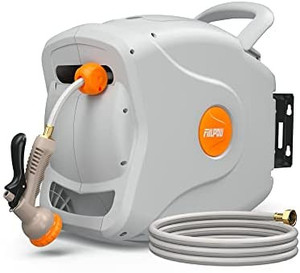 lot 66005 image: FIILPOW 100 FT 12 Retractable Garden Hose Reel, Any Length Lock, Heavy-Duty Wall Mounted Hose Reel with Automatic Rewind, Brass Connector, Adjustable Patterns, 180° Garden Watering & Car Washing