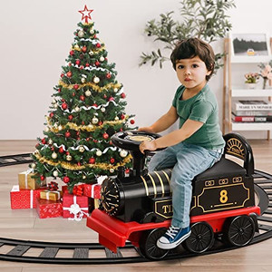 lot 66007 image: TEMI Ride On Train with Track Electric Ride On Toy w Lights & Sounds Storage Seat Train Toy Ride  Riding Car Train for Children Baby Toddlers Boys & Girls