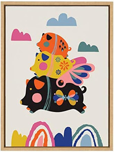 lot 66164 image: Kate and Laurel Sylvie Flying Pigs Framed Canvas Wall Art by Rachel Lee of My Dream Wall, 18x24 Natural, Whimsical Abstract Animal Art