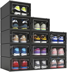 lot 66165 image: 12 Pack Shoe Organizer Boxes, Black Plastic Stackable Shoe Storage Bins For Closet, Space Saving Shoe Holder Sneaker Display Case   (Stock photo different)