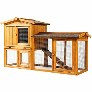 lot 66177 image: Ogrmar Chicken Coop Large Wooden Outdoor Bunny Rabbit Hutch Hen Cage with Ventilation Door, Removable Tray & Ramp, Nesting Box