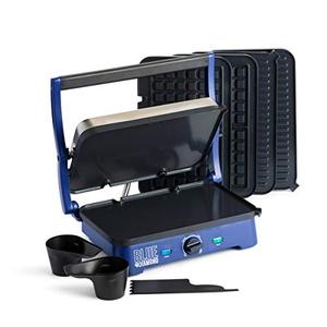 lot 66183 image: Blue Diamond Ceramic Nonstick, Electric Contact Sizzle Griddle with Grill and Waffle Plates, Open Flat Design, Dishwasher Safe Removable Plates, Adjustable Temperature Control, PFAS-Free, Blue
